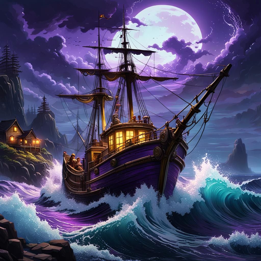 Fishing Trawler in Stormy Seas: Dark Fantasy Art
