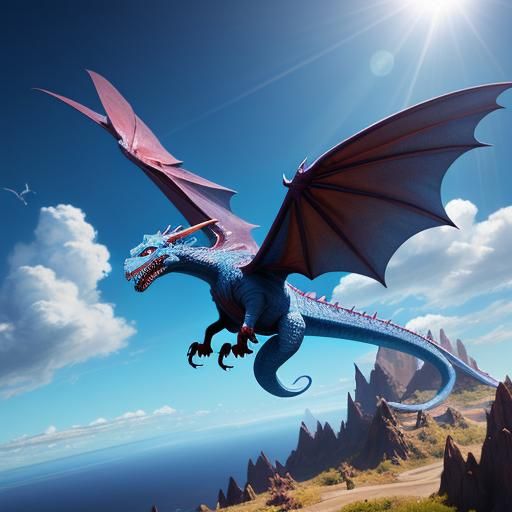 Majestic Dragon Flying in Blue Sky as Pixar Concept Art
