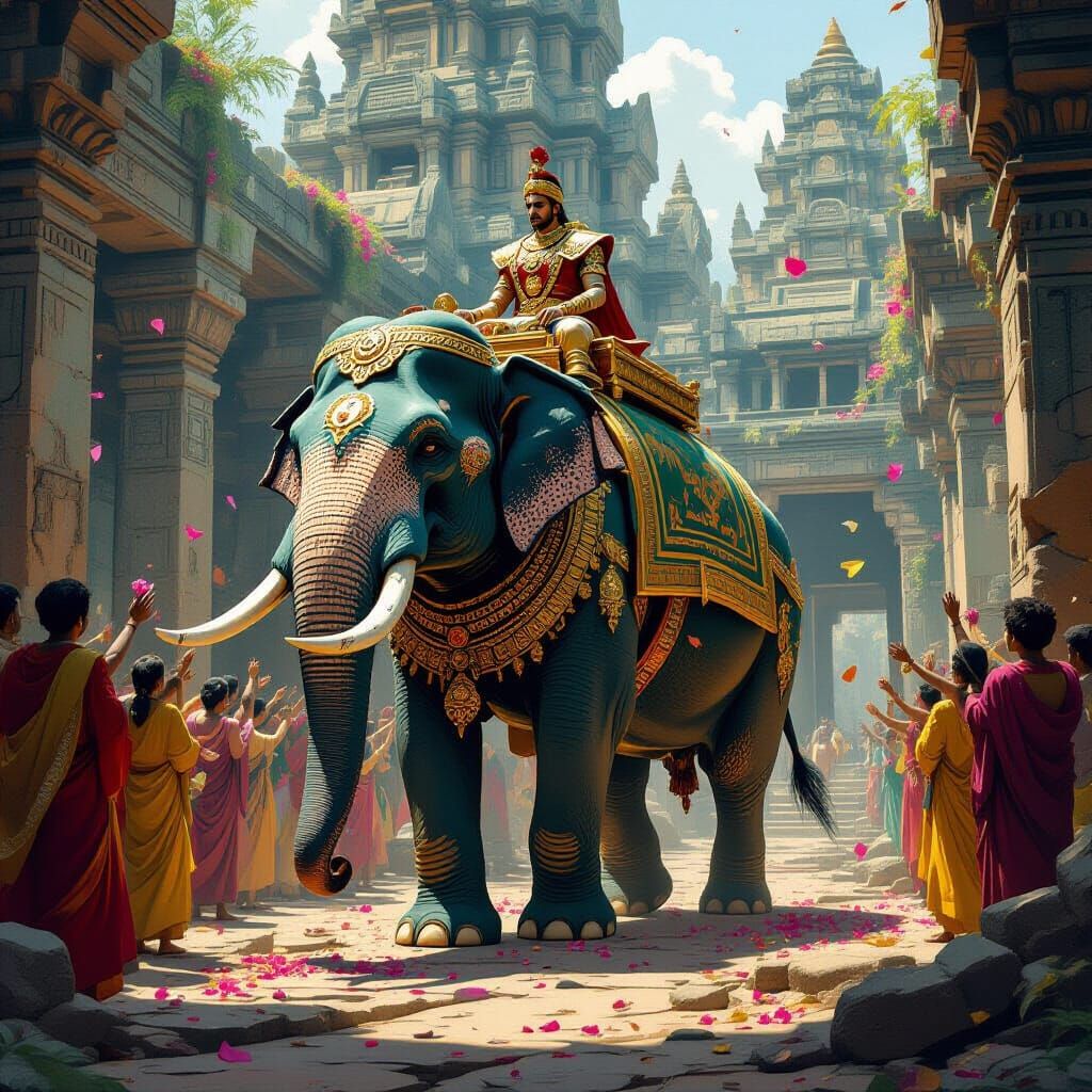 Armored Elephant Procession Through Ancient Ruins