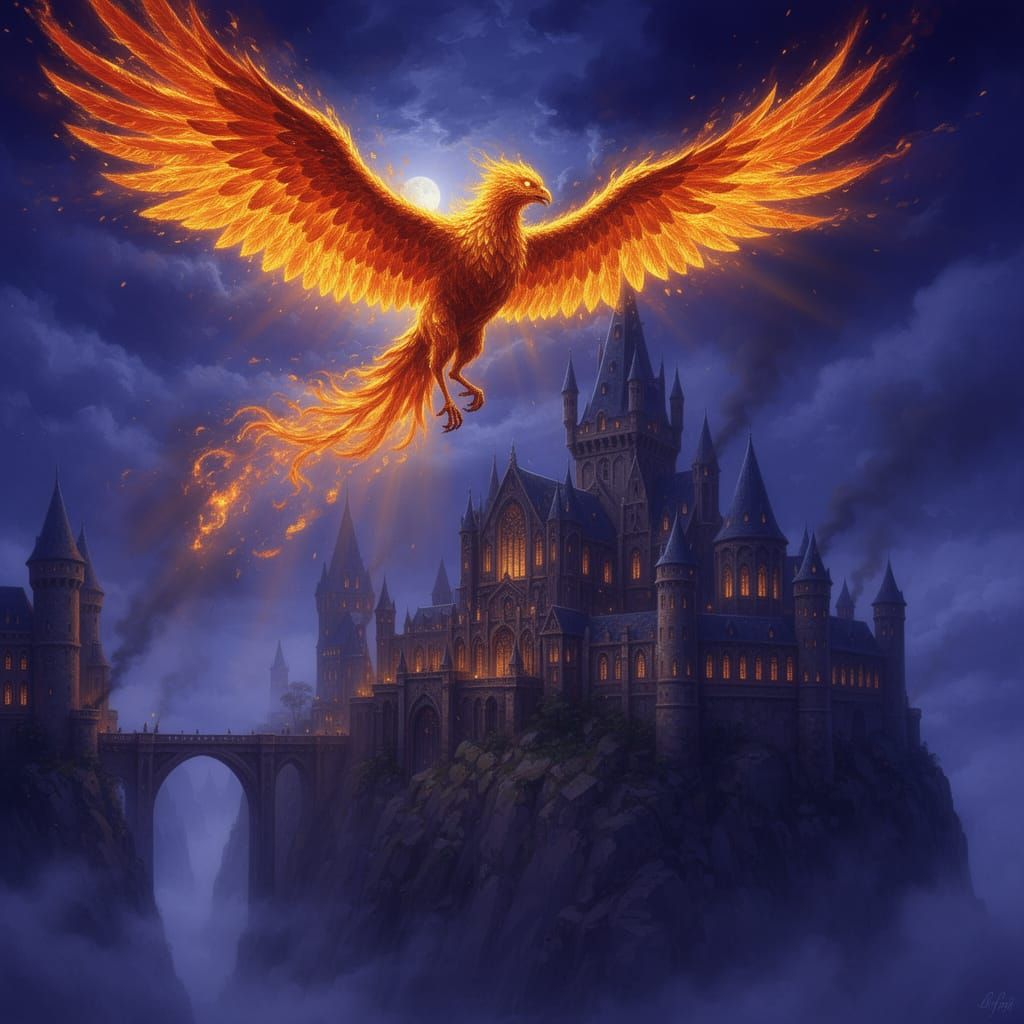 Phoenix of Molten Gold Above Wizard School Castle