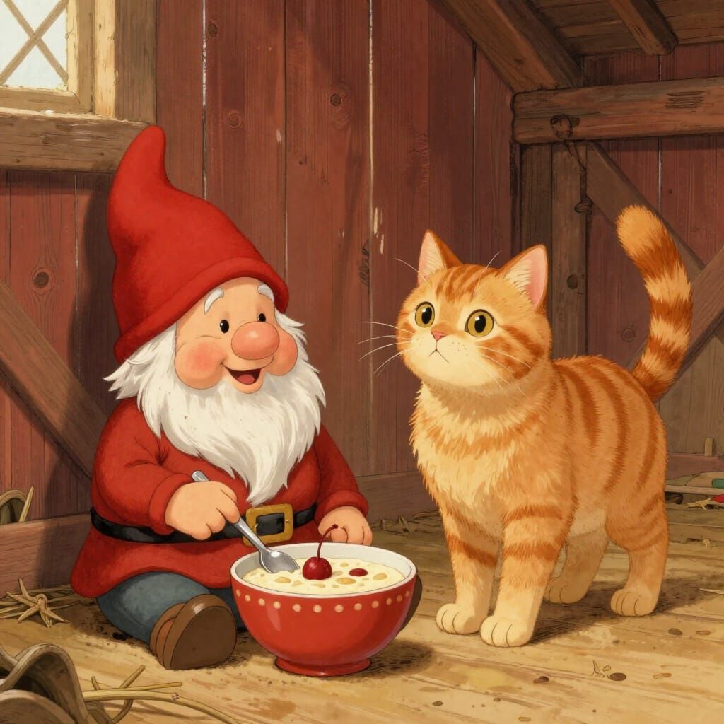 Cheerful Gnome and Ginger Cat in Storybook Barn