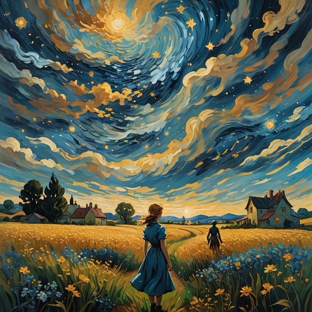 Girl in Starry Field: Van Gogh Style