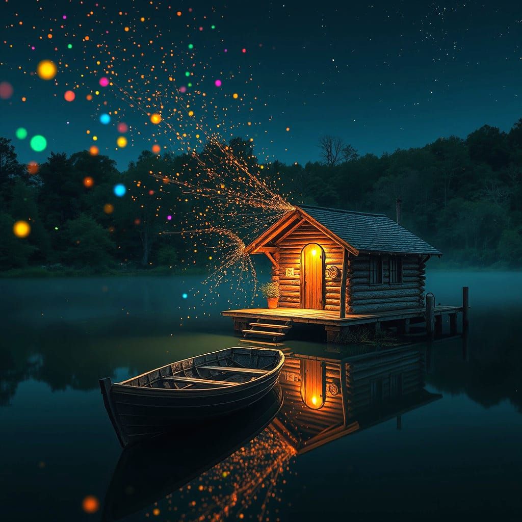 Fireflies Illuminate Steampunk Lakeside Hut at Night