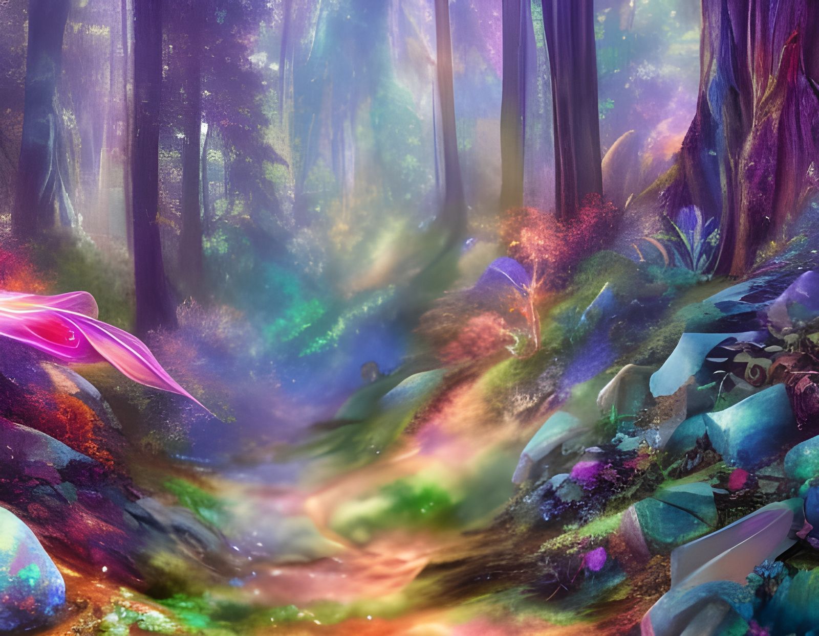 Mystical Opal Forest with Fairies in Gouache Style