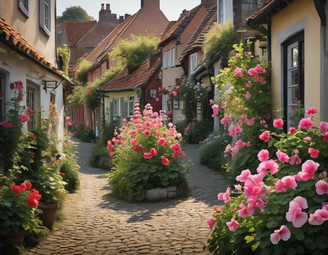 Charming Street Scene in Rønne with Hollyhocks