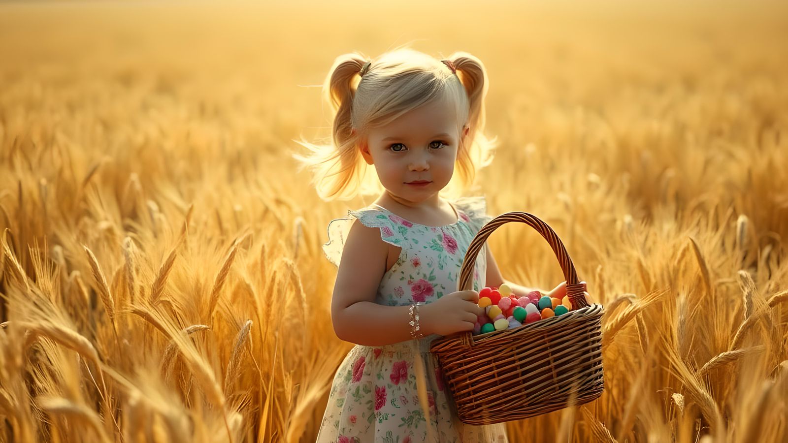 Girl with Candy Basket in Atmospheric Cinematic Still