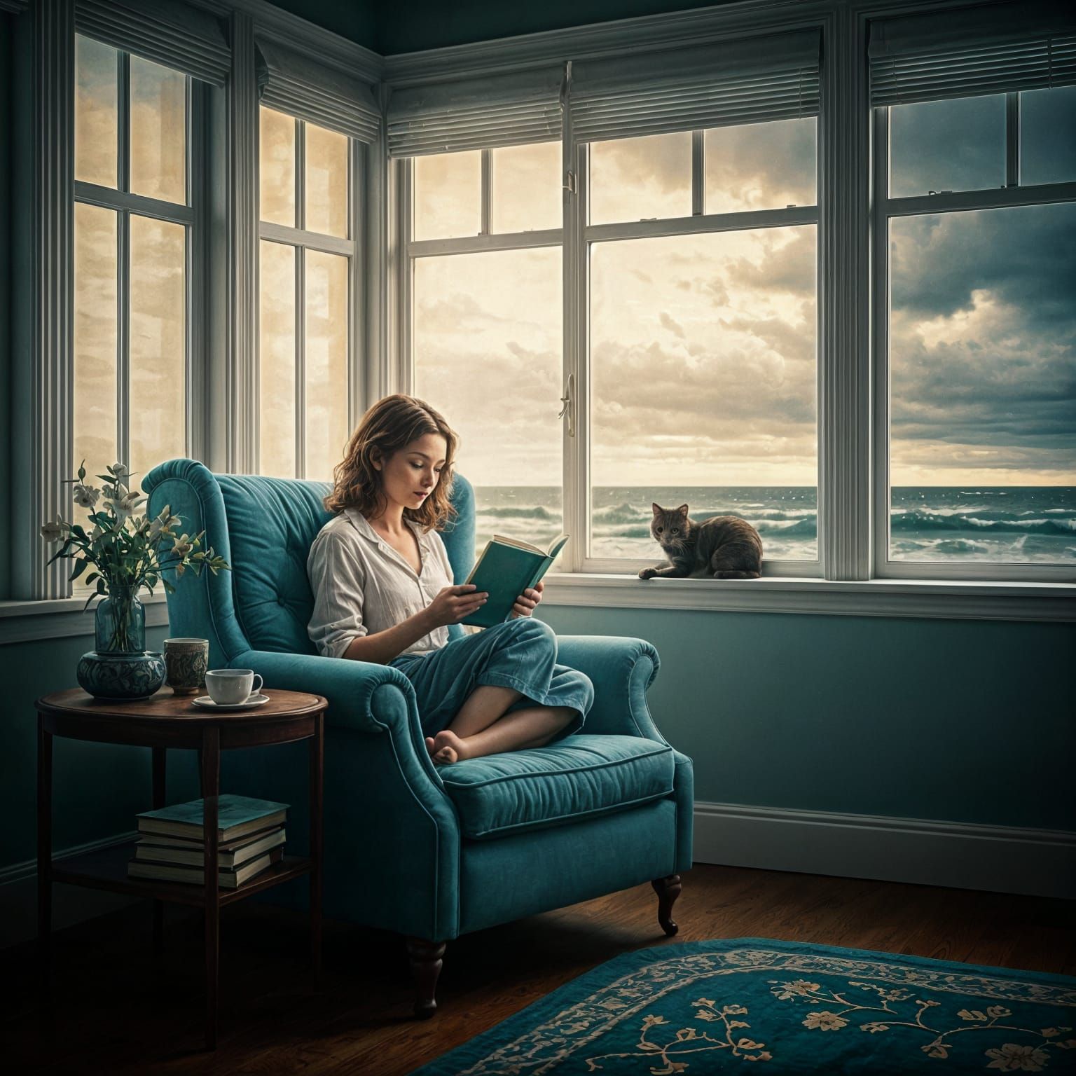 Woman Reading in Sunroom with Ocean View