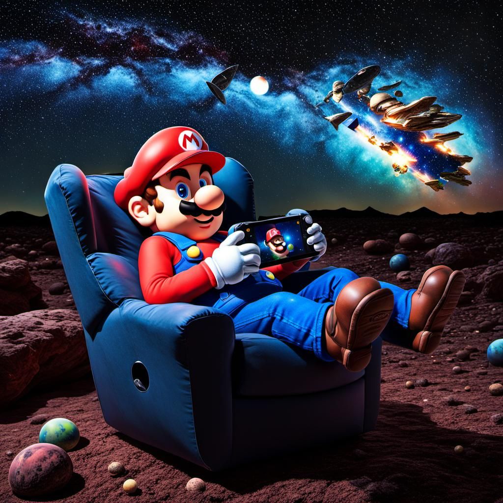 Hyperrealistic Super Mario Relaxing Under Starry Sky