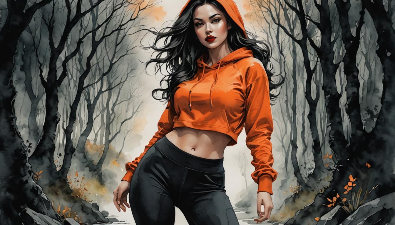 Dark Fantasy Woman in Watercolor and Ink