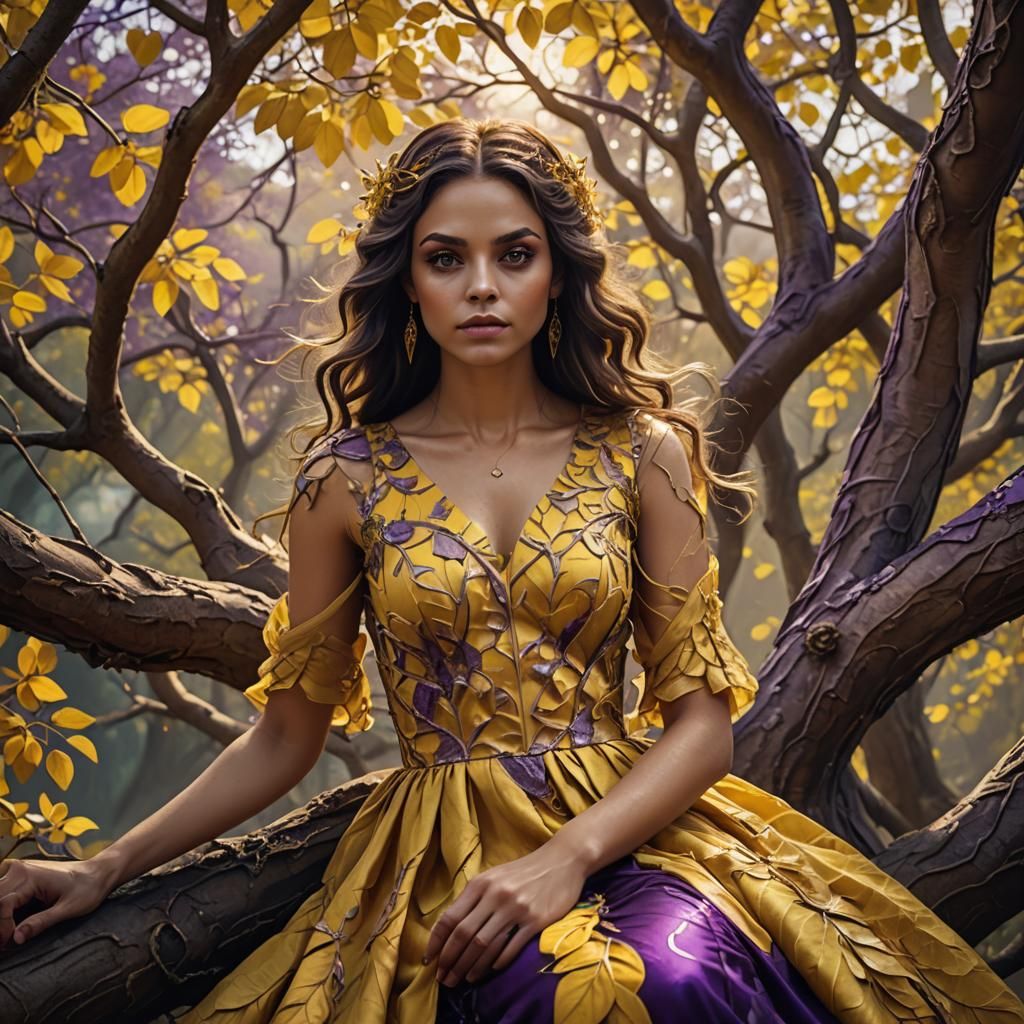 Enchanting Girl on Tree Branch in Art Nouveau Style