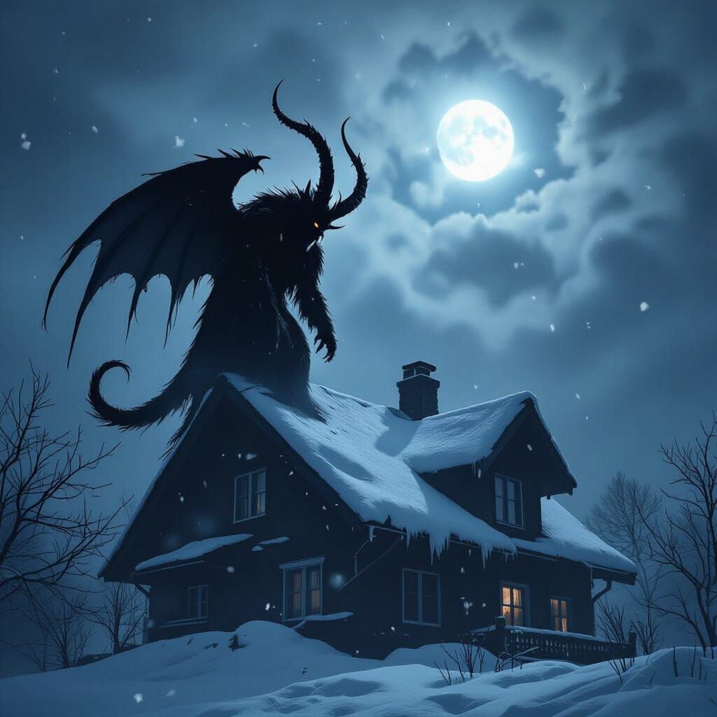 Menacing Krampus Silhouette in Blizzard