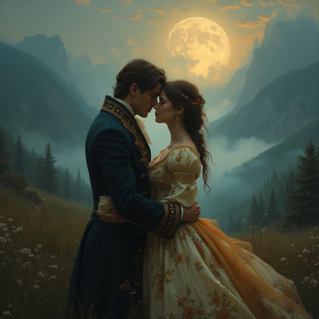 Romantic Moonlit Embrace in Victorian Style