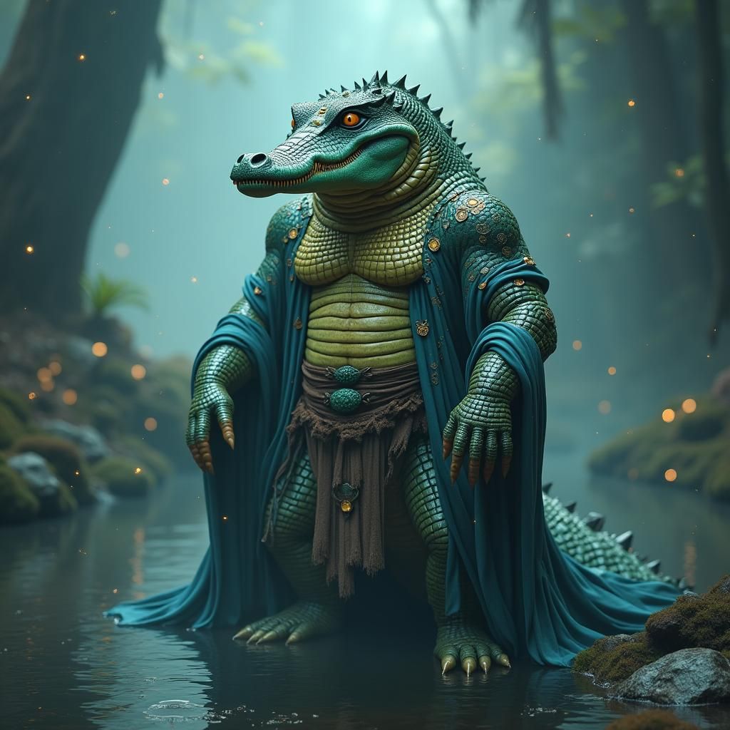 Humanoid Crocodile in Mystical Realm, Fantasy Concept Art