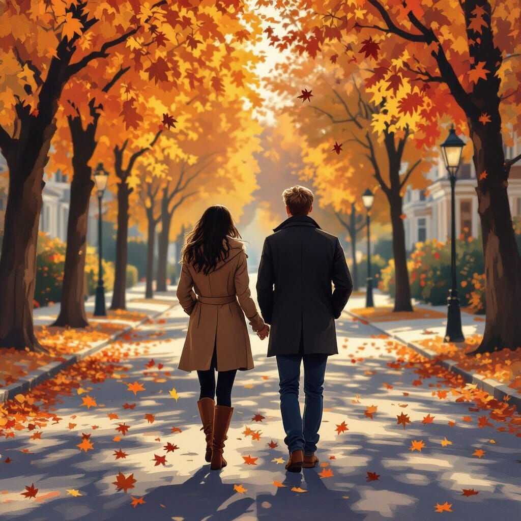 Couple Strolls Autumn Street in Impressionist Style