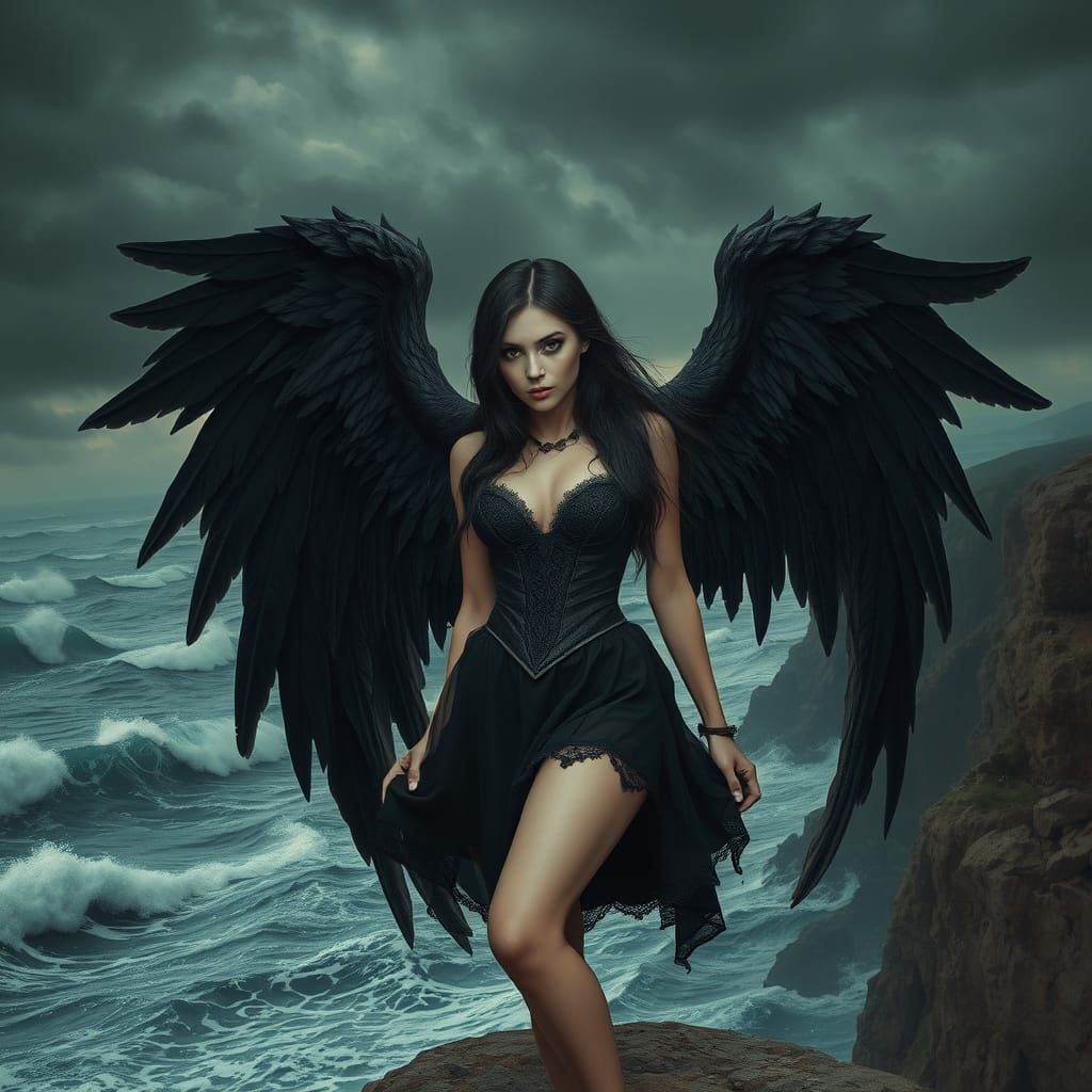 female dark angel on a cliff.