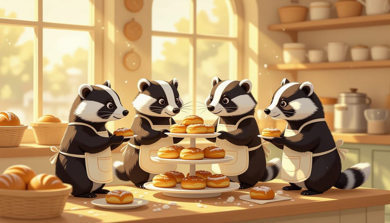 Whimsical Badgers Decorate Pastries in Cozy Bakery