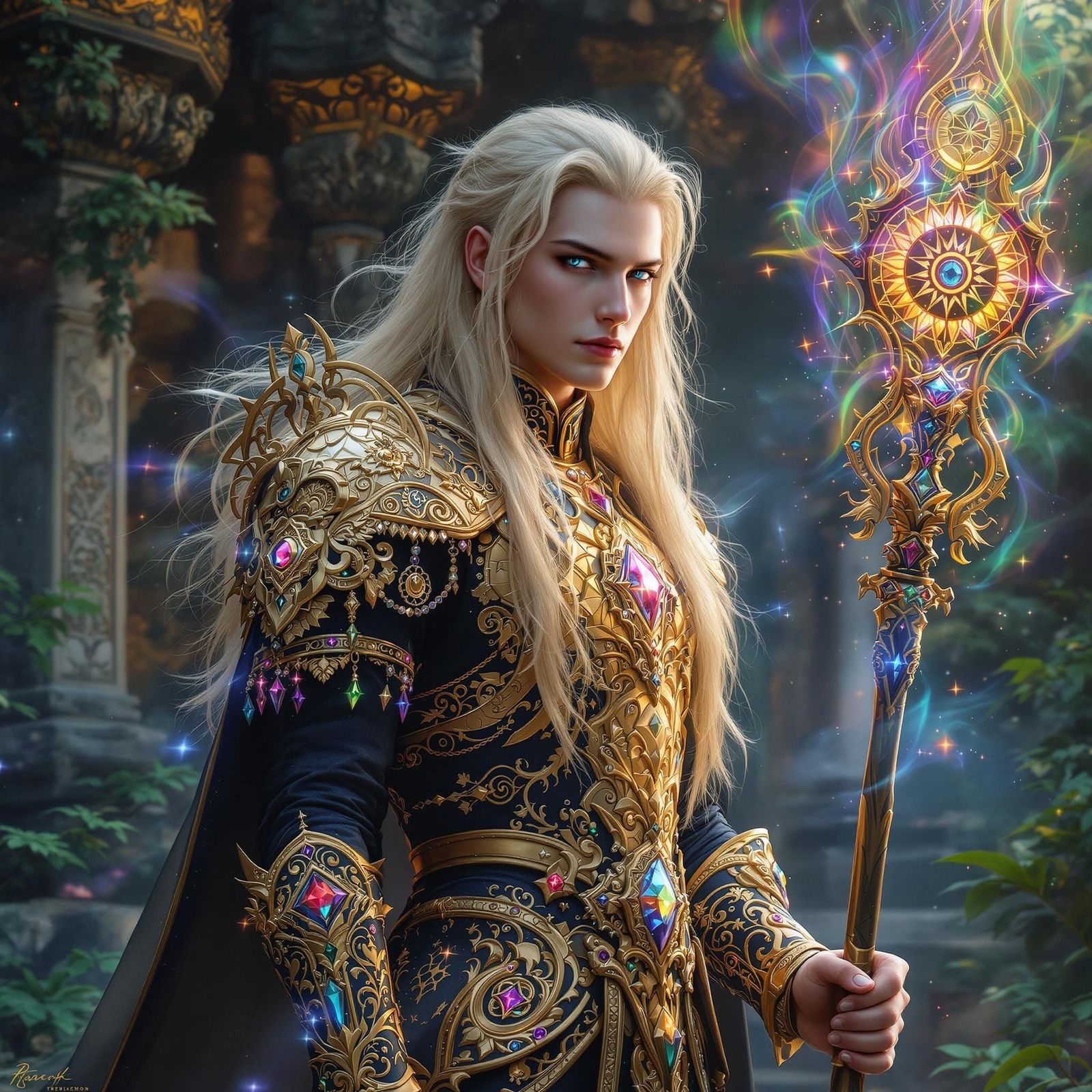 Majestic Wizard in Balinese-Inspired Armor Stands Before Anc...