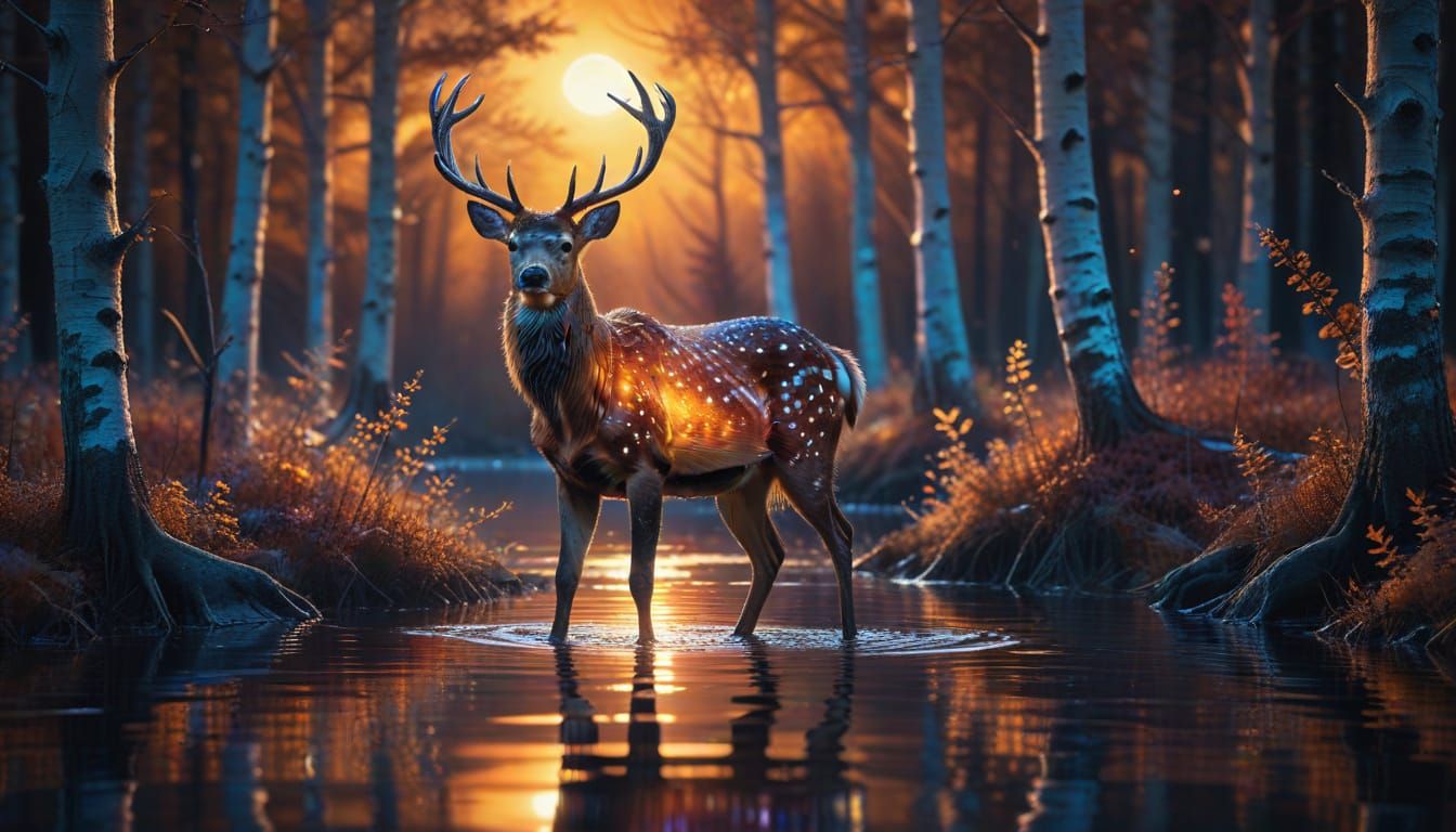 Stardust Deer in Moonlit Birch Forest