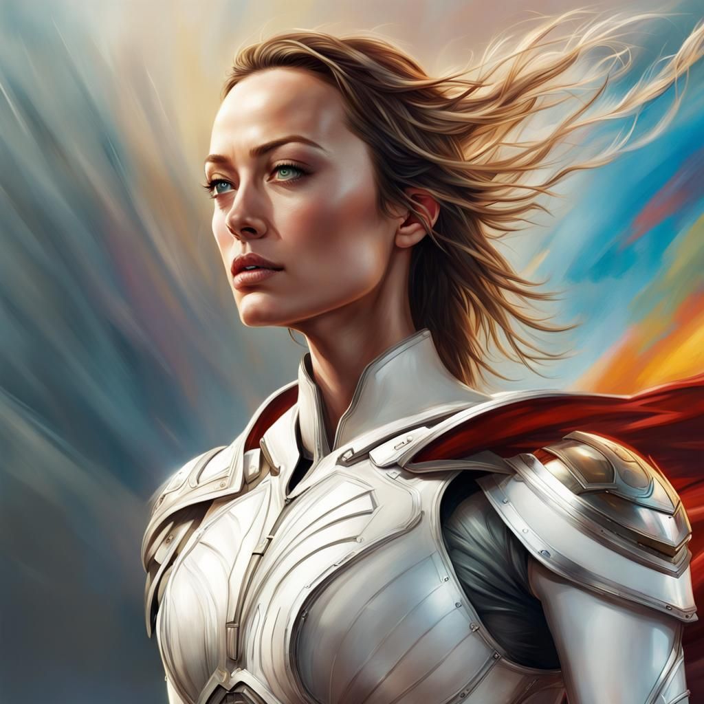Olivia Wilde as Armored Superhero, Hyperrealistic Concept Ar...