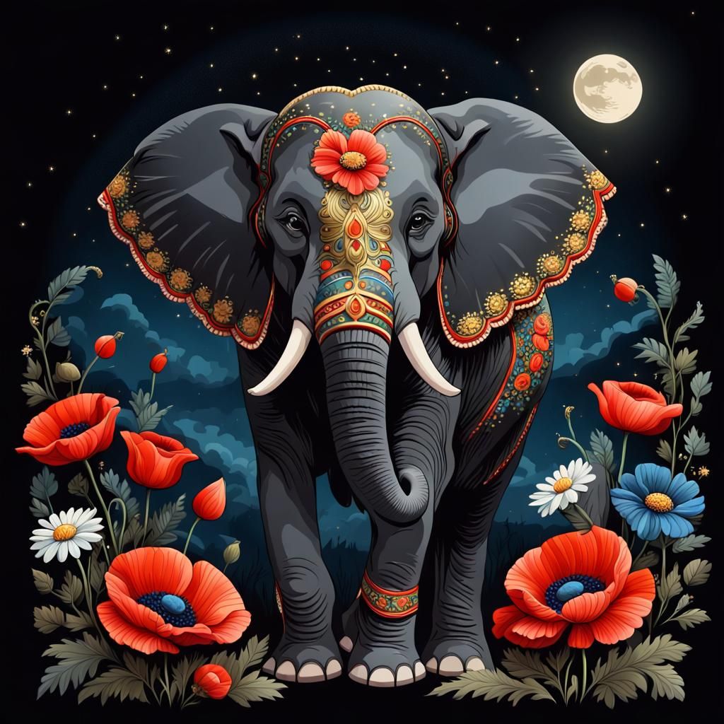 Elephant Portrait in Palekh Style with Golden Outlines