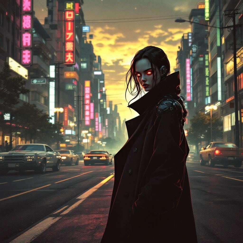 Cyborg Stares from Gritty Cyberpunk Anime Landscape