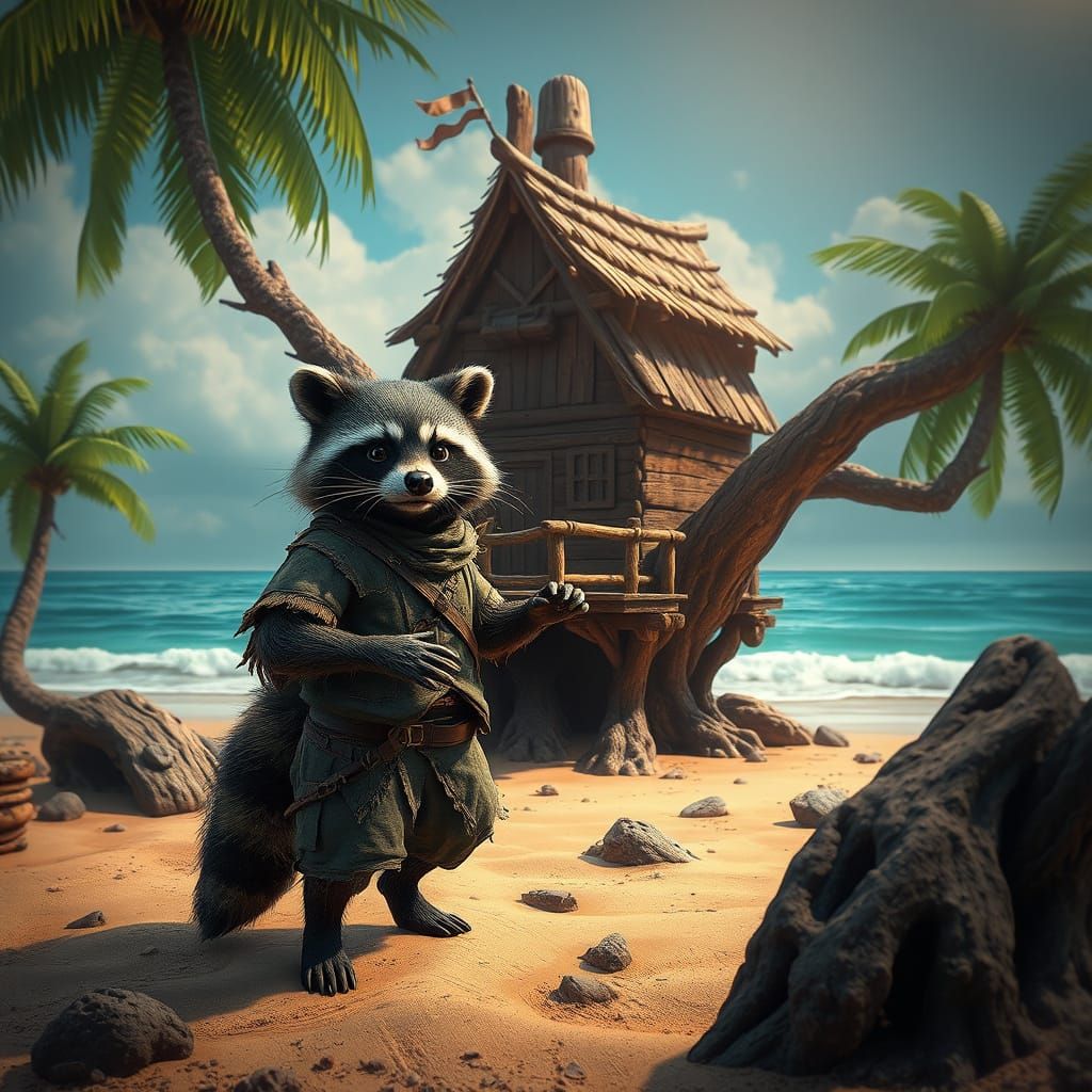 Raccoon Builds Beach Treehouse: Fantasy Concept Art
