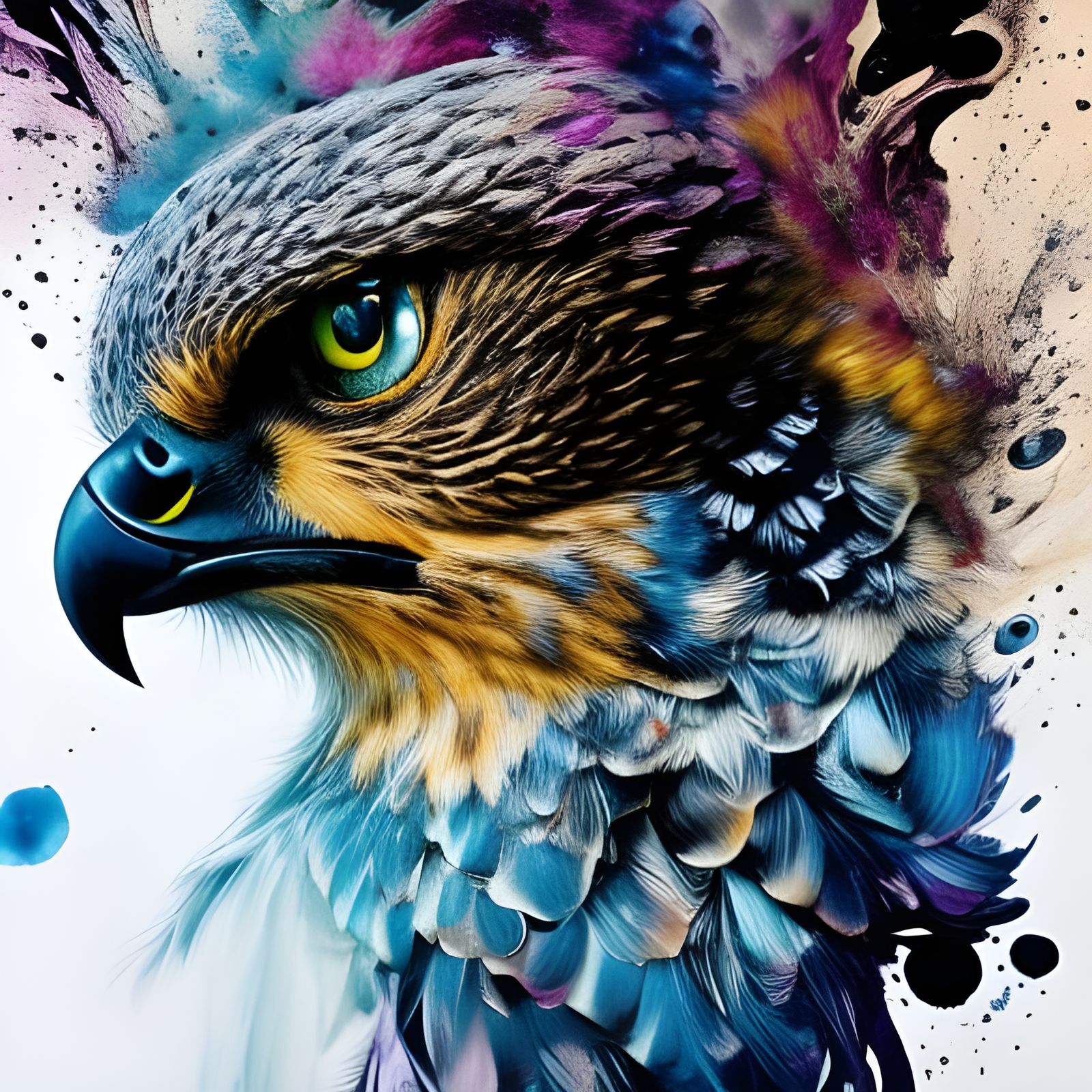 Adorable Falcon Portrait in Inkblot Art Style