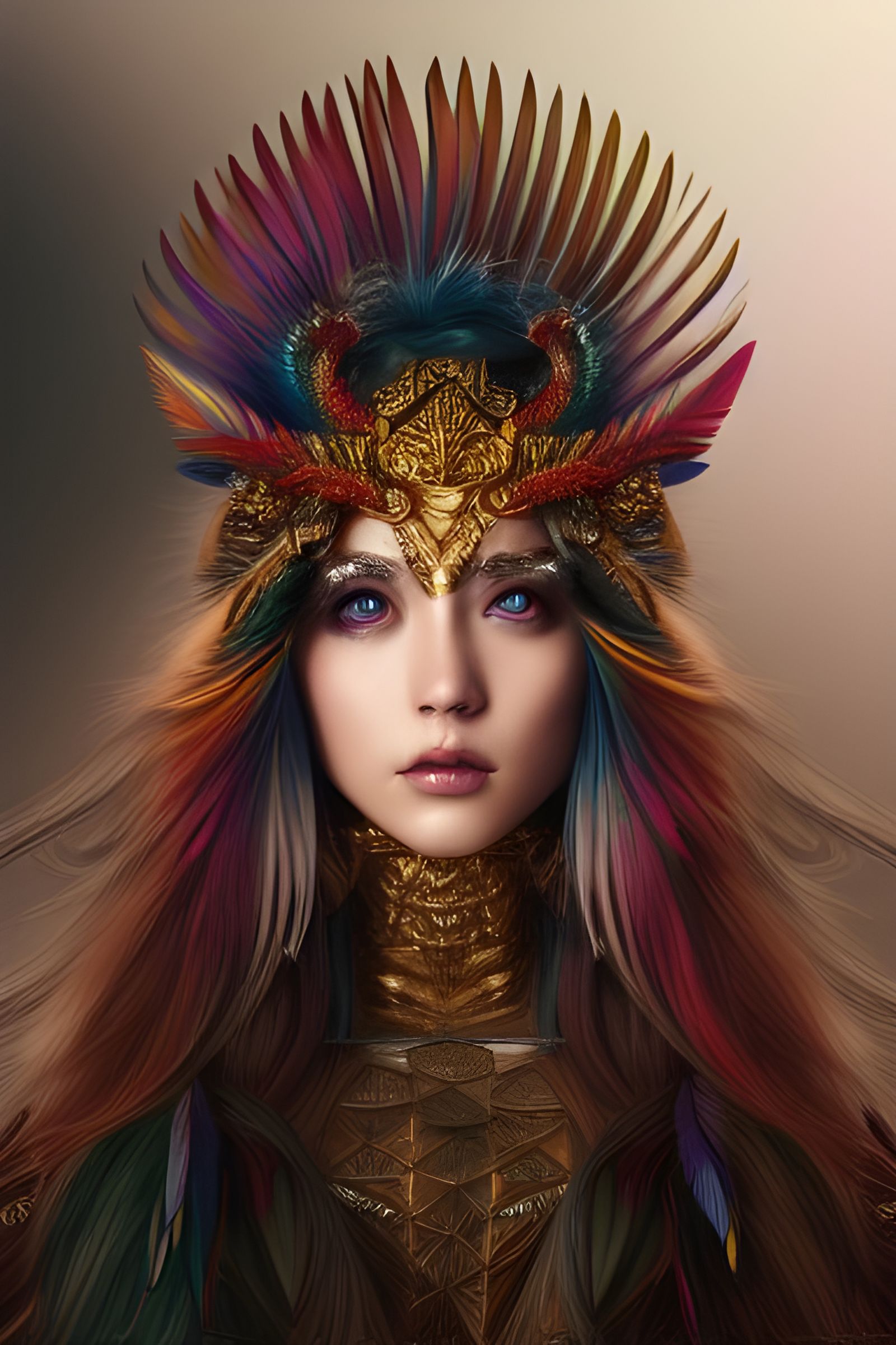Woman with Rainbow Feathers in Digital Art Style