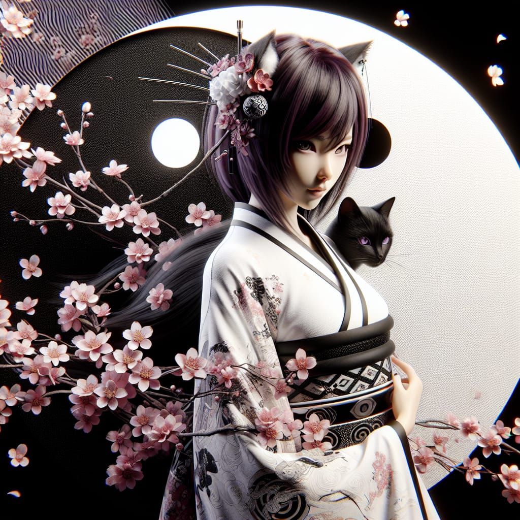 White Circle on a black background, yin/yang, cherry blossoms, black cat, beautiful woman with shoulder length dark purp...