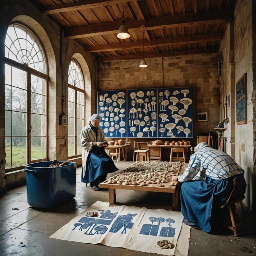Activists Tending Glowing Mushrooms as Linocut Art