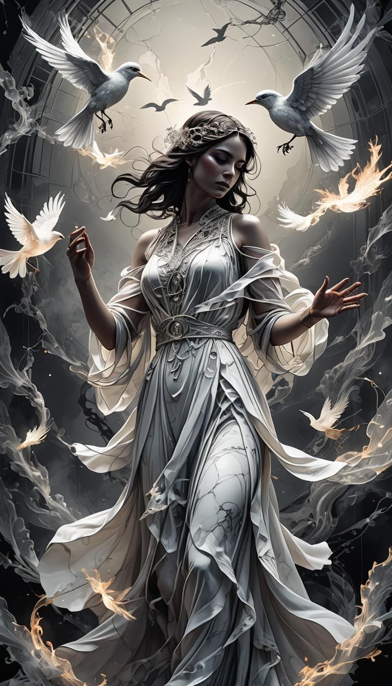 Surreal, Glowing Saint Relaxes in a Dark, Smoky, Fractal Lan...