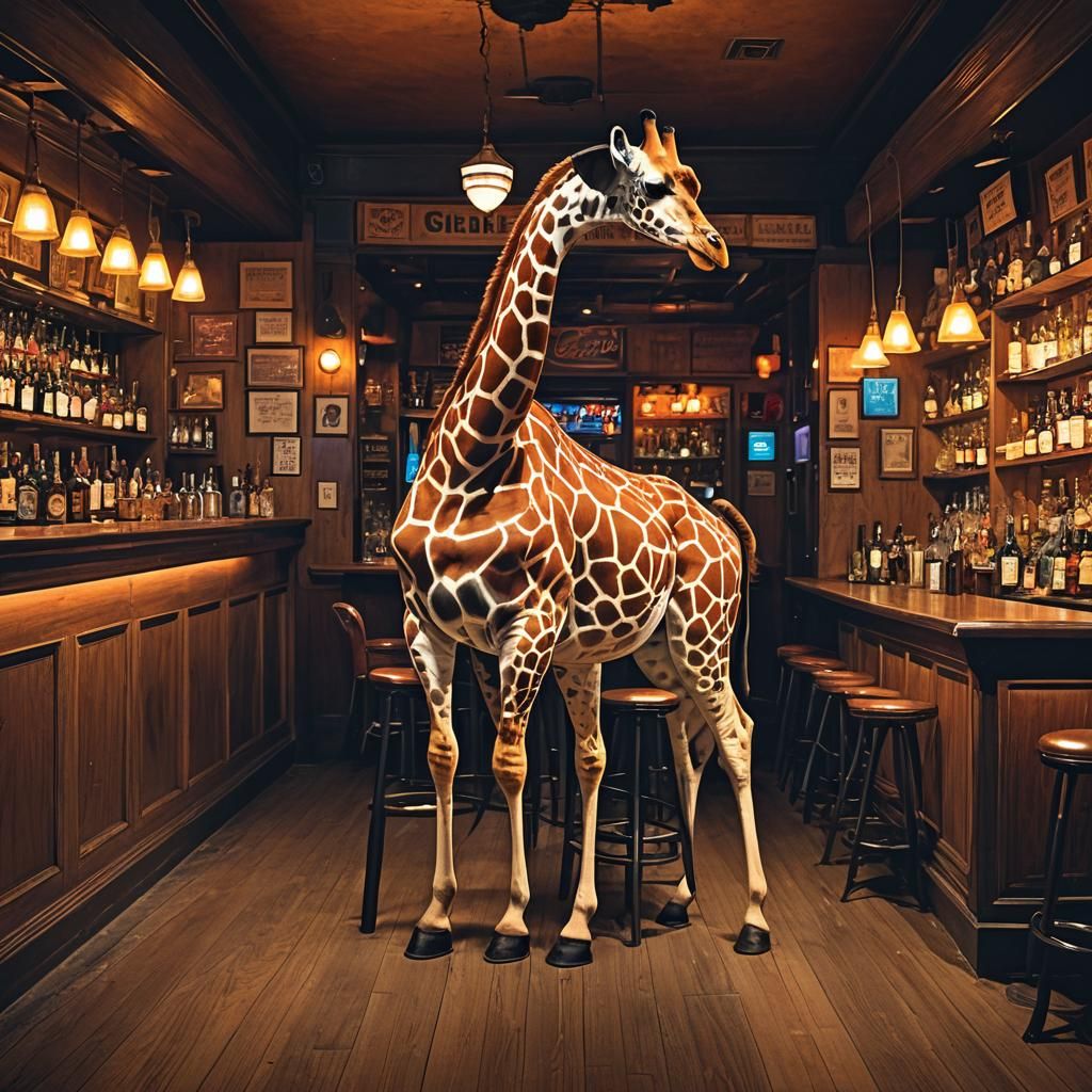 Giraffe's Nap in a Neon Bar