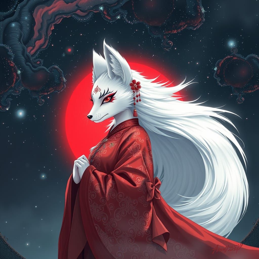 Fox in Red Hanfu in Galaxycore Night Sky