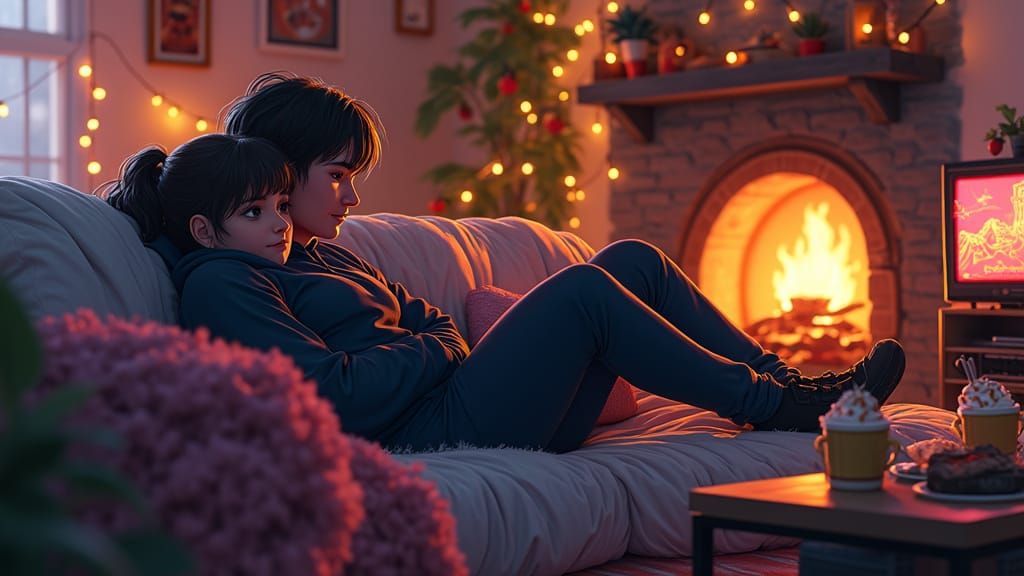 Couples' Cozy Loft Scene in Futuristic Whimsy