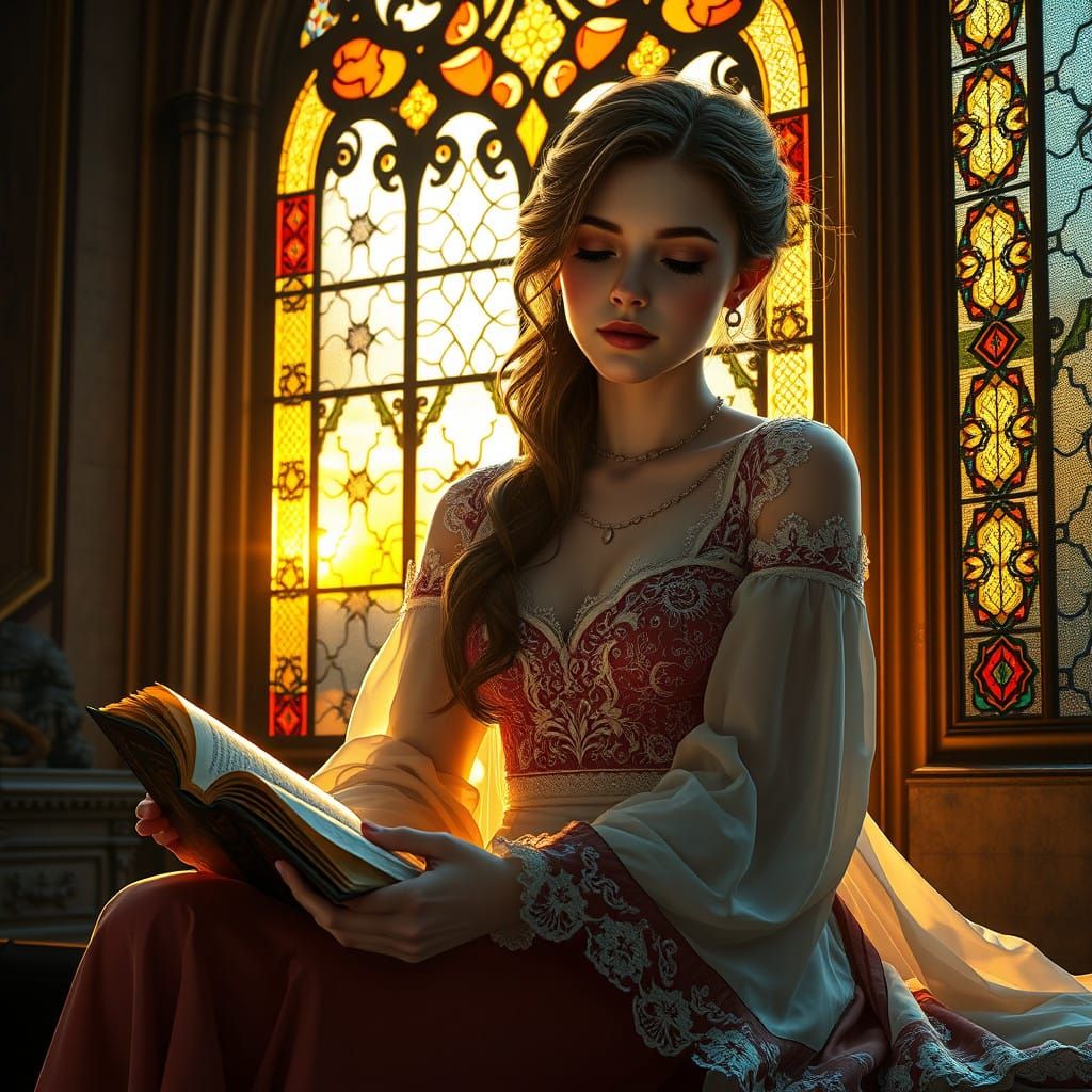 Elegant Woman in Sunset Glow Meditates with Book