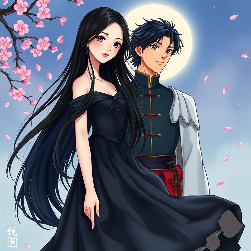 Dreamy Anime Princess Under Cherry Blossoms at Moonlight