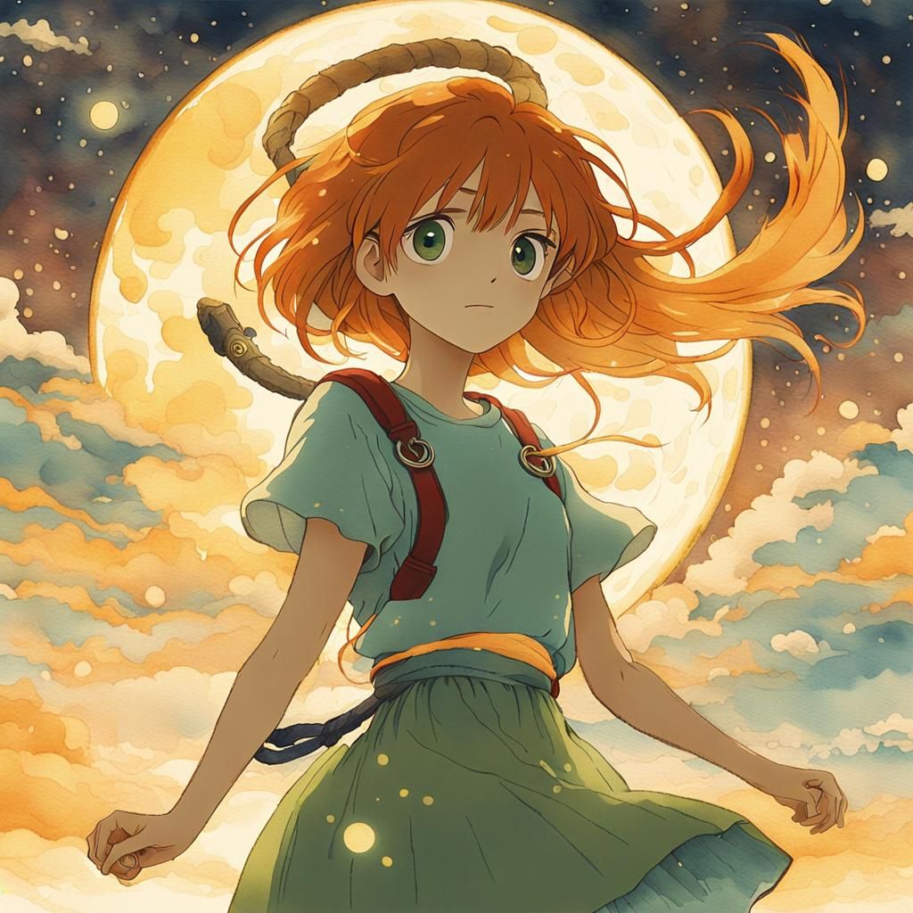 Anime Girl Climbing on Moon in Makoto Shinkai Style