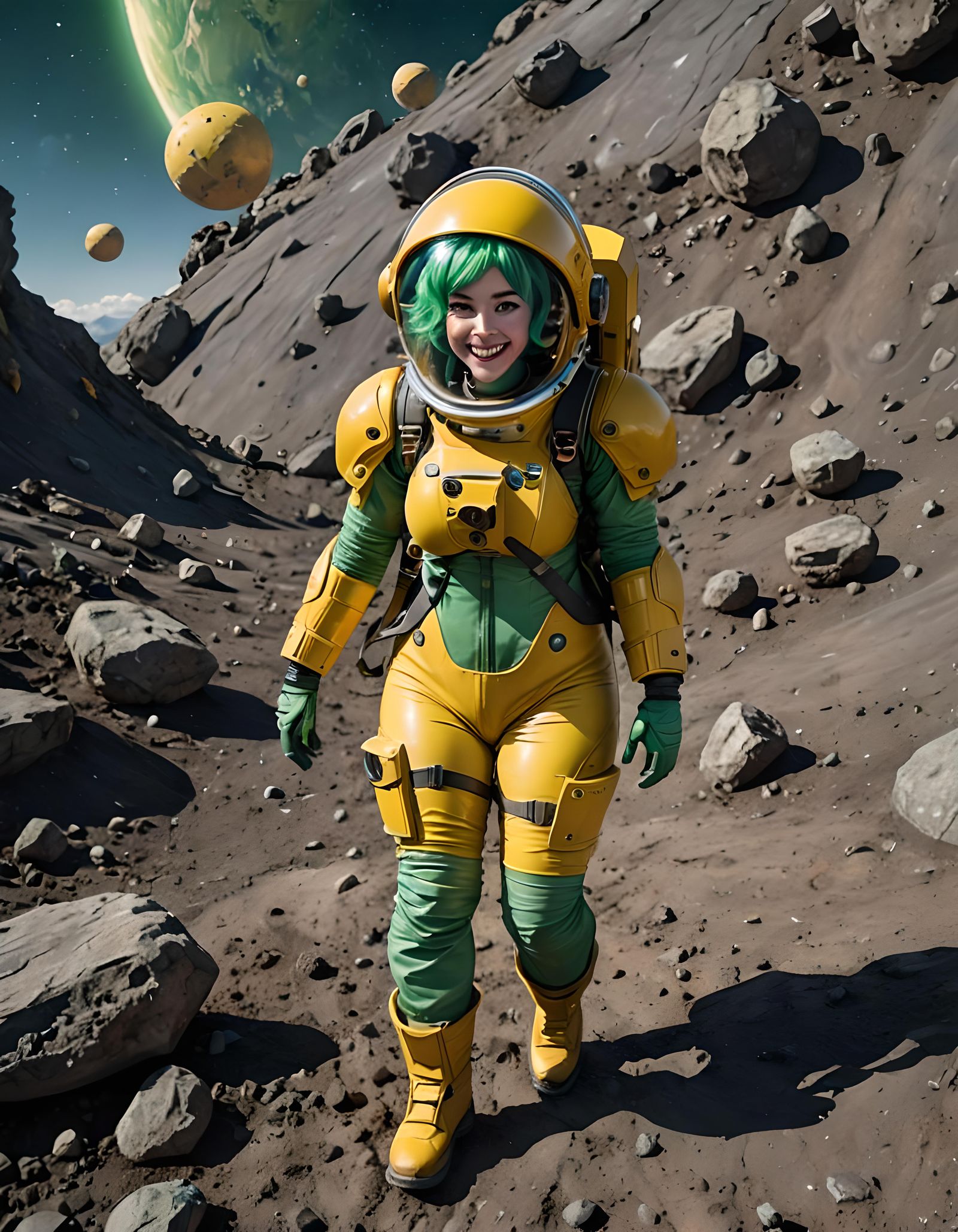 Green-Haired Astronaut Exploring Asteroid in Spacesuit