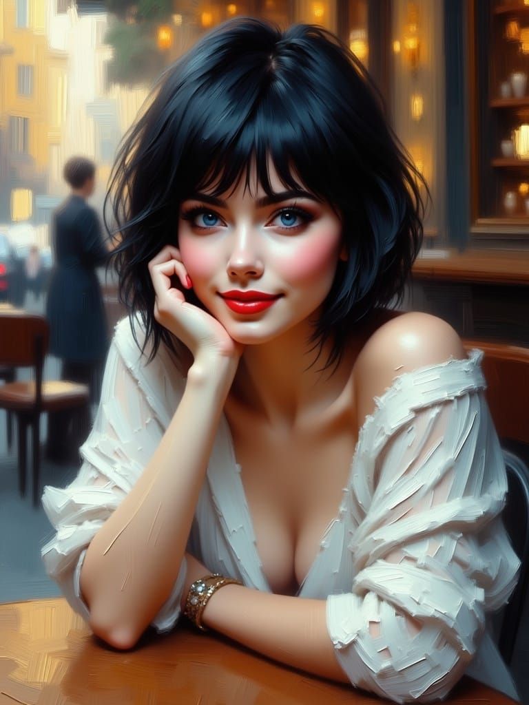 Beautiful Woman in Florence Cafe, Pino Daeni Style