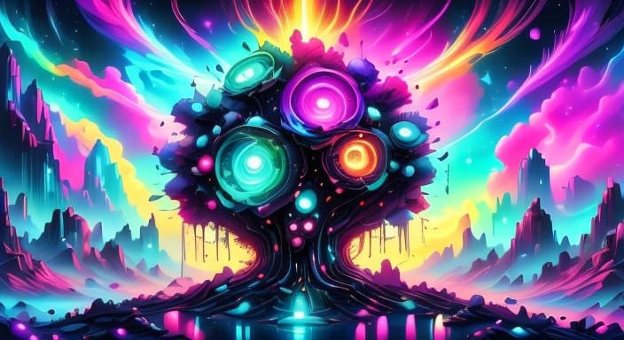 Glowing Cyberpunk Aurora Borealis in a Futuristic Cityscape