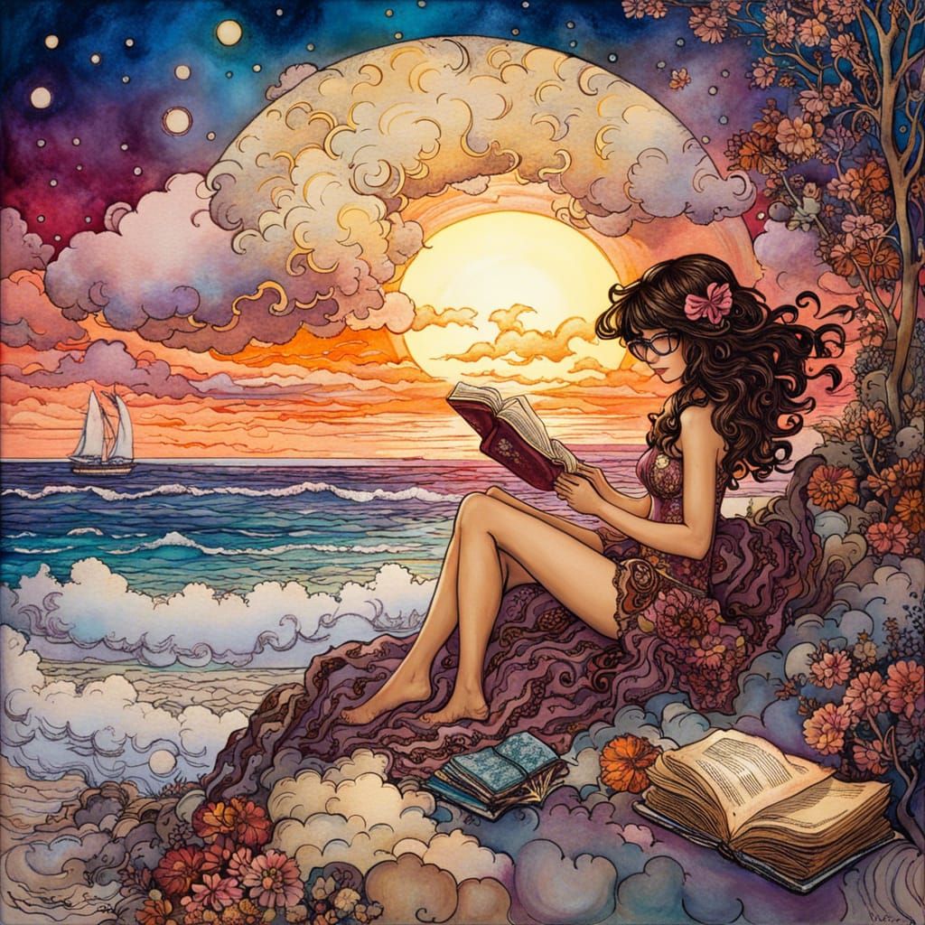 Brunette Reads on Beach in Arthur Rackham Style