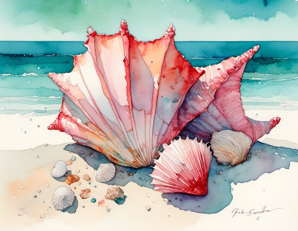 Seashells on Beach at Sunset in Watercolor Style