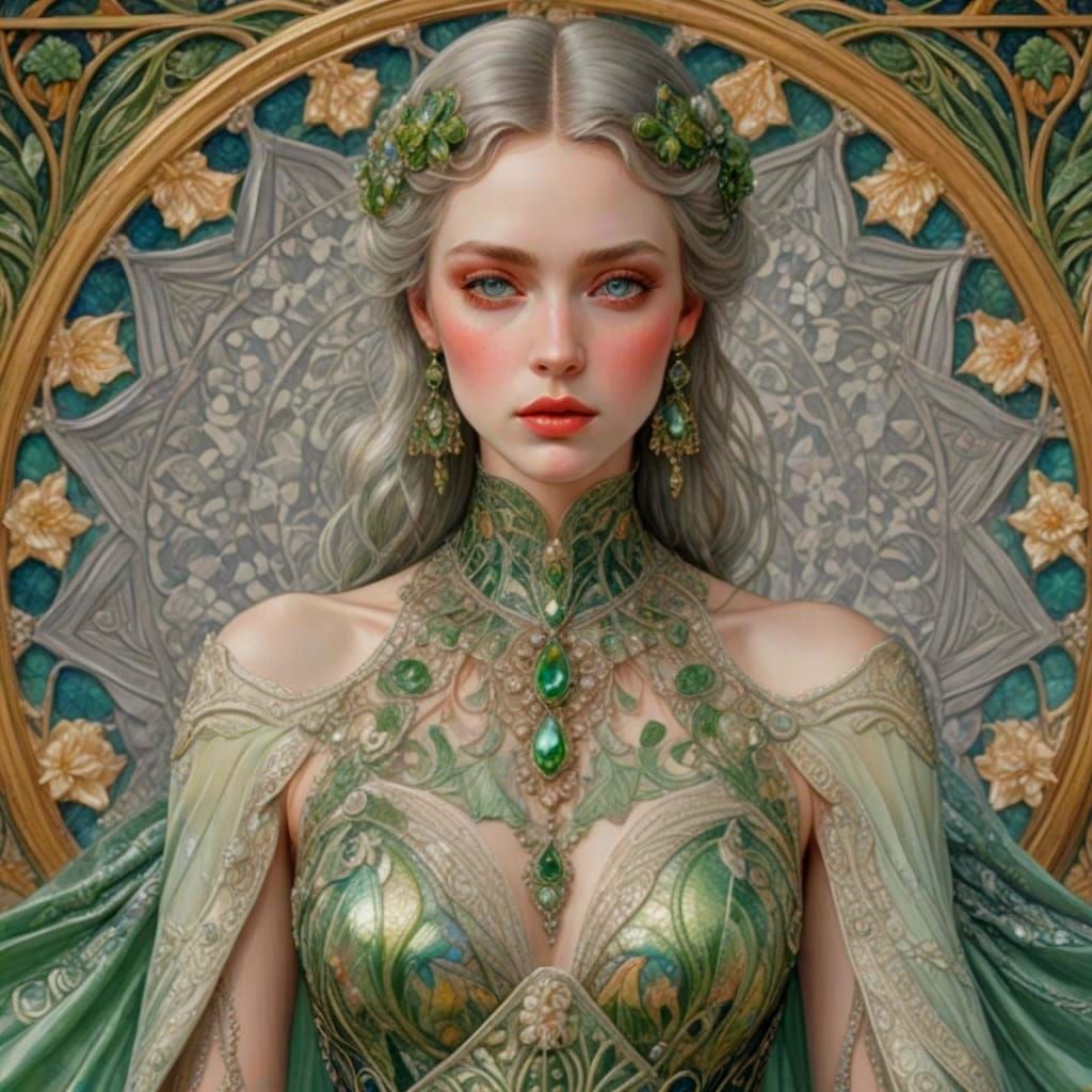 Stunning Woman in Jugendstil Gown with Vibrant Iridescent Co...