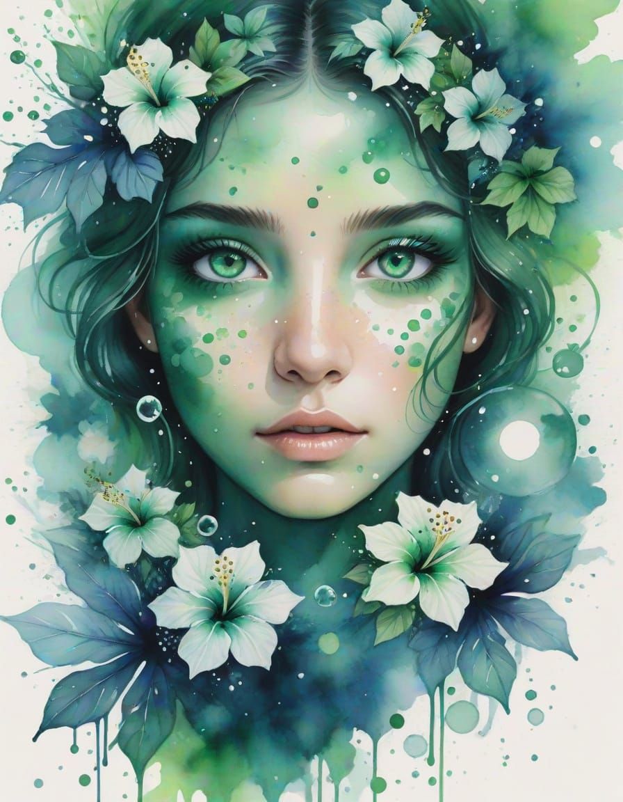 Emerald Eyes with Hibiscus in Watercolor Splash Art