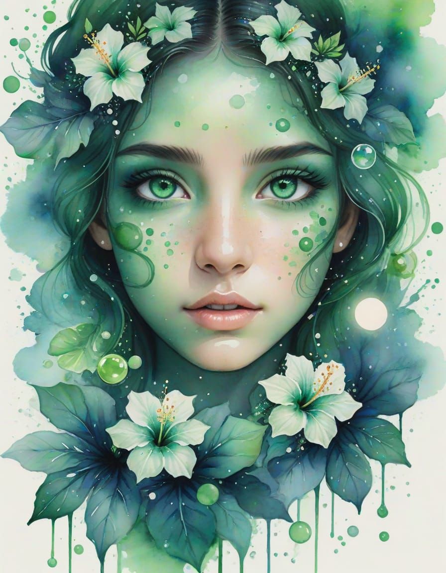 Emerald Eyes with Hibiscus Flowers in Watercolor Style