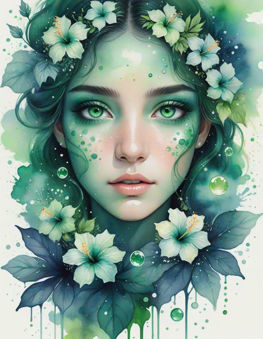 Emerald Eyes with Hibiscus Flowers in Watercolor Style