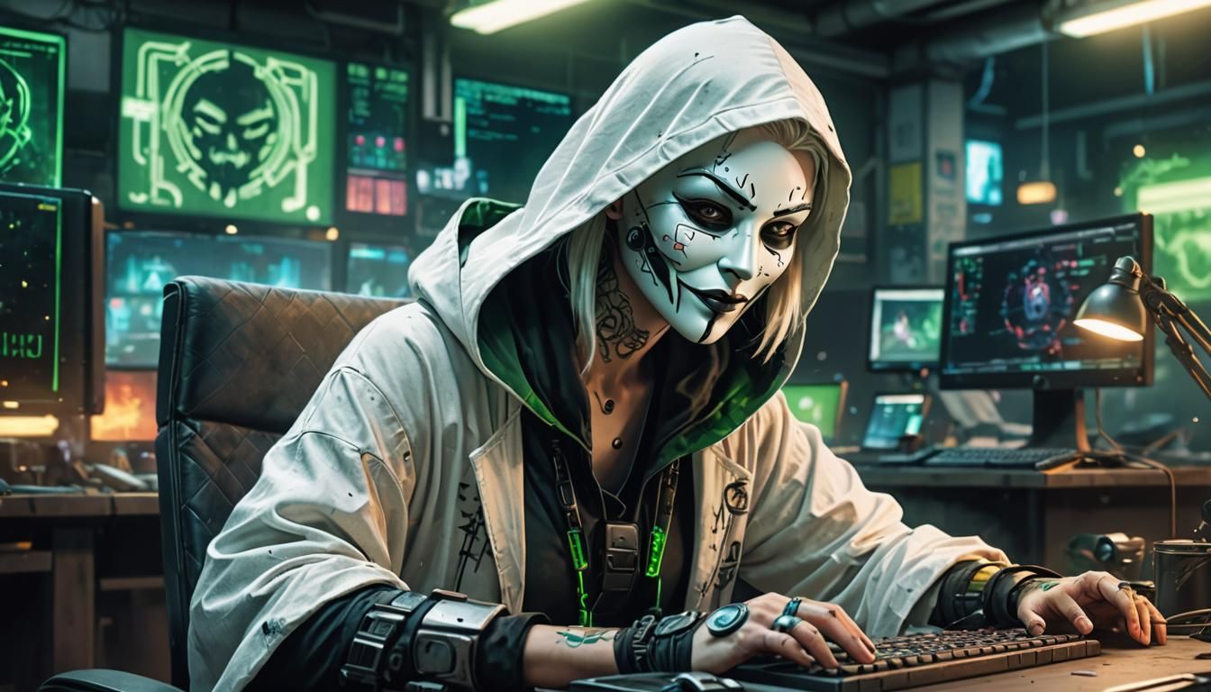 Cyberpunk Woman in Watercolor with Guy Fawkes Mask