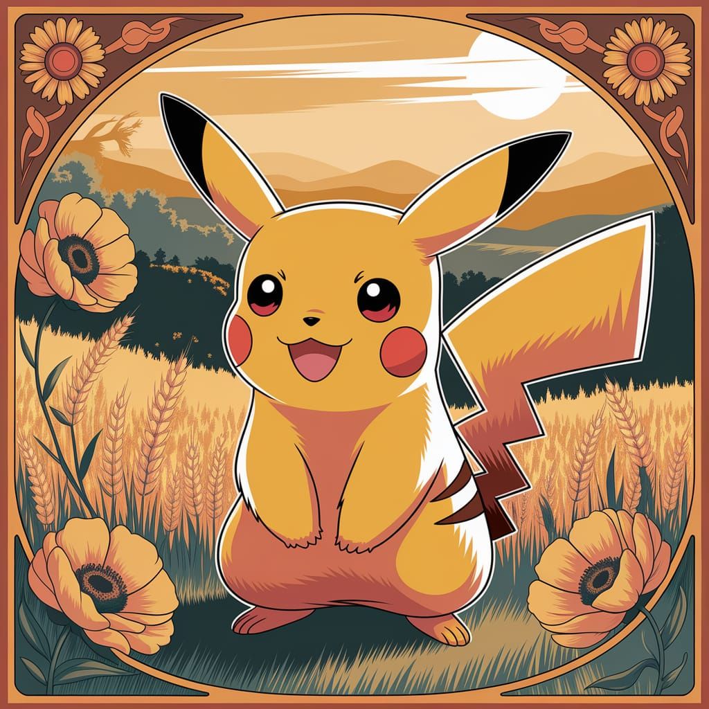 Pikachu in Art Nouveau Style Wheat Field