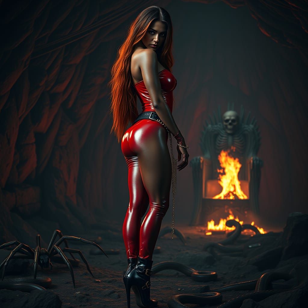 Dominatrix in Crimson Latex, Raven-Haired and Regal, in a Da...