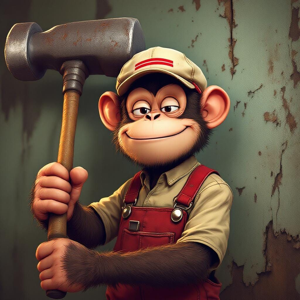 Cartoon Monkey Handyman with Mallet in Rubber Hose Style